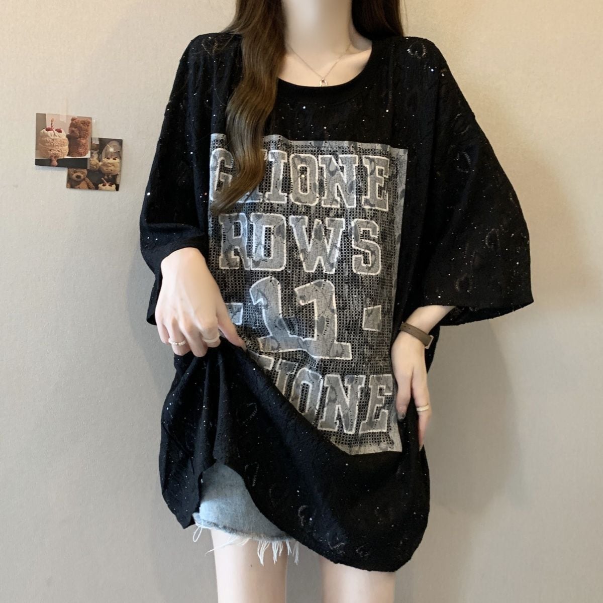 超人気 アバンギャルド 絶対流行 レース プリント全2色 半袖Tシャツ<S-8798>