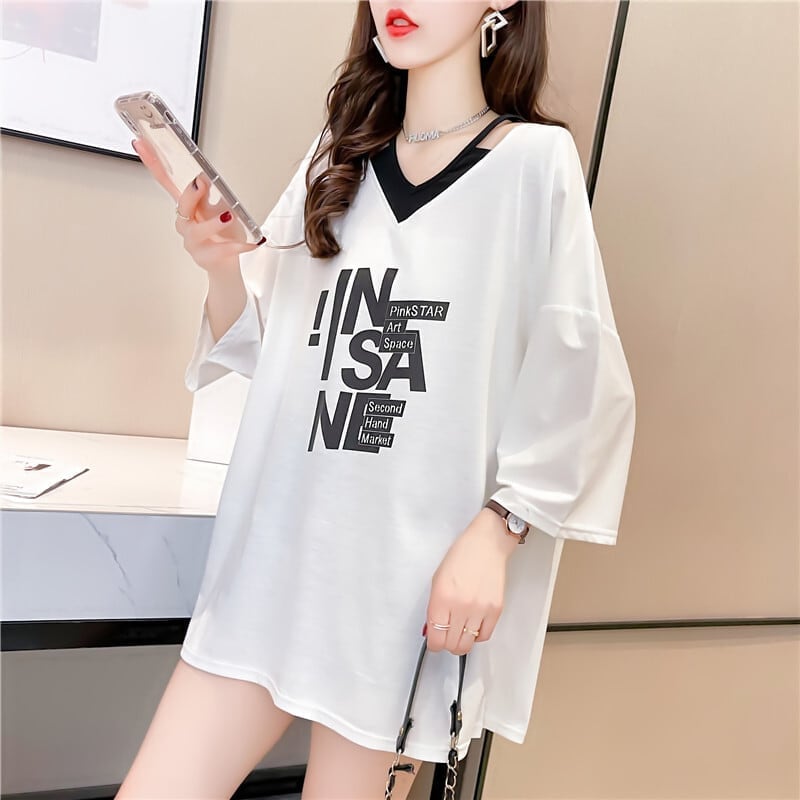 売れ筋 アルファベット Vネック フェイクレイヤード ゆったり 着?せ 半袖 Tシャツ ＜S-2005＞