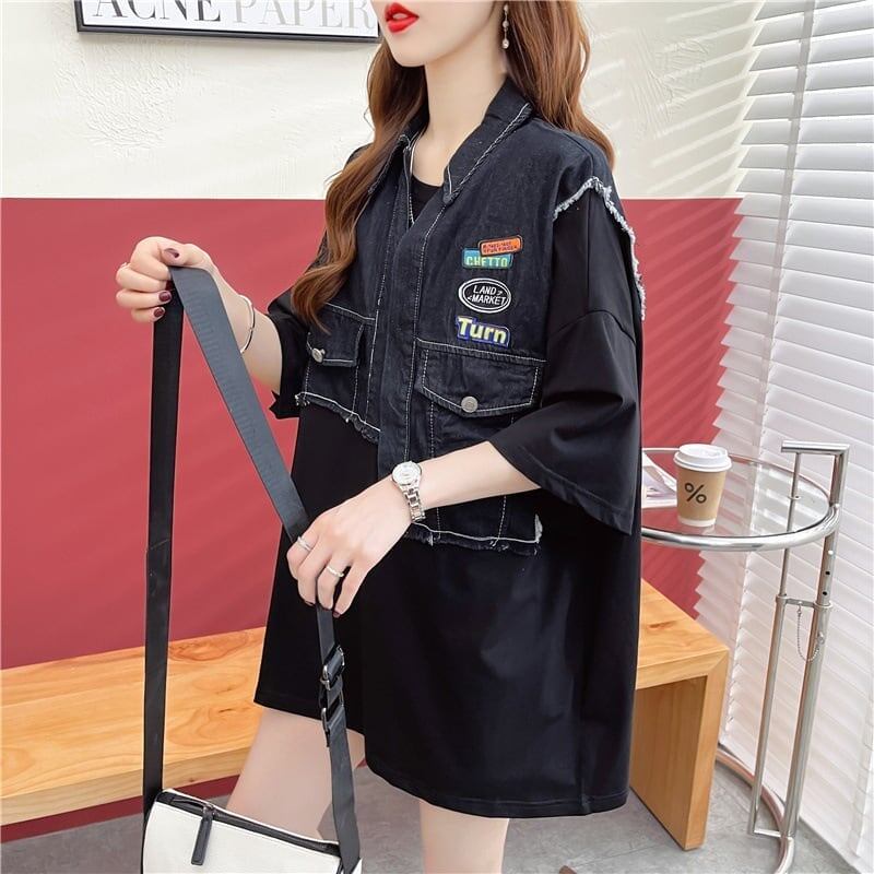ウエスタンテイストのエイジレスなデザインセンスのデニム継ぎ半袖Tシャツ<S-2912>