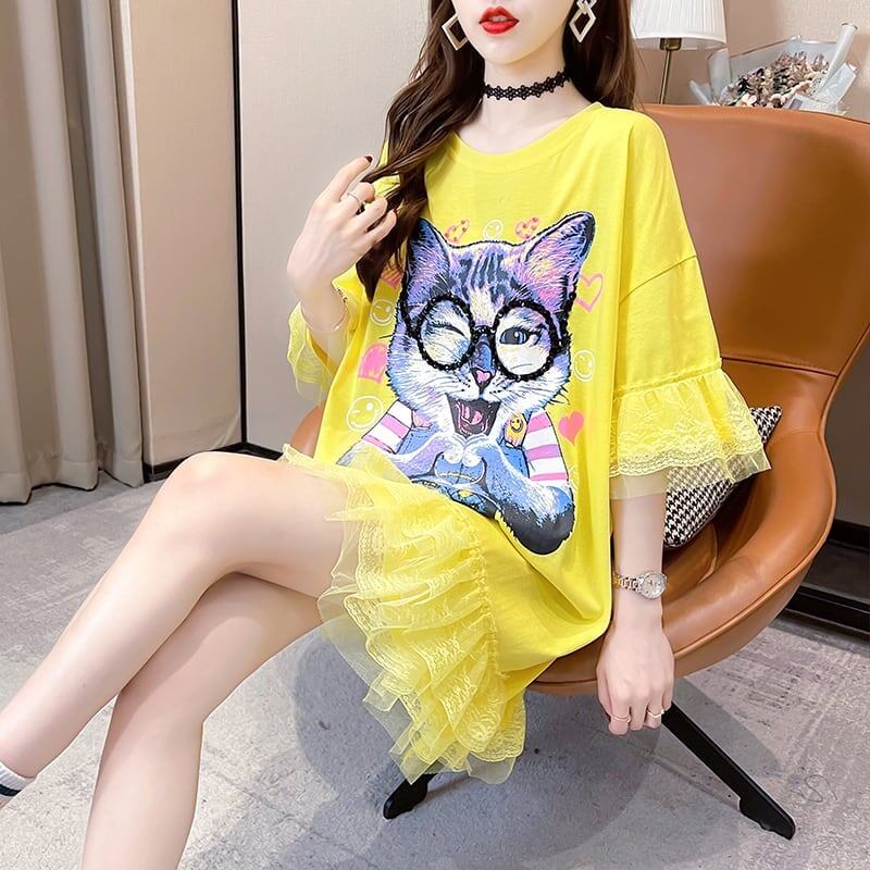 好感度満載 プリント 美感いっぱい Tシャツ カットソー ワンピース＜S-3428＞