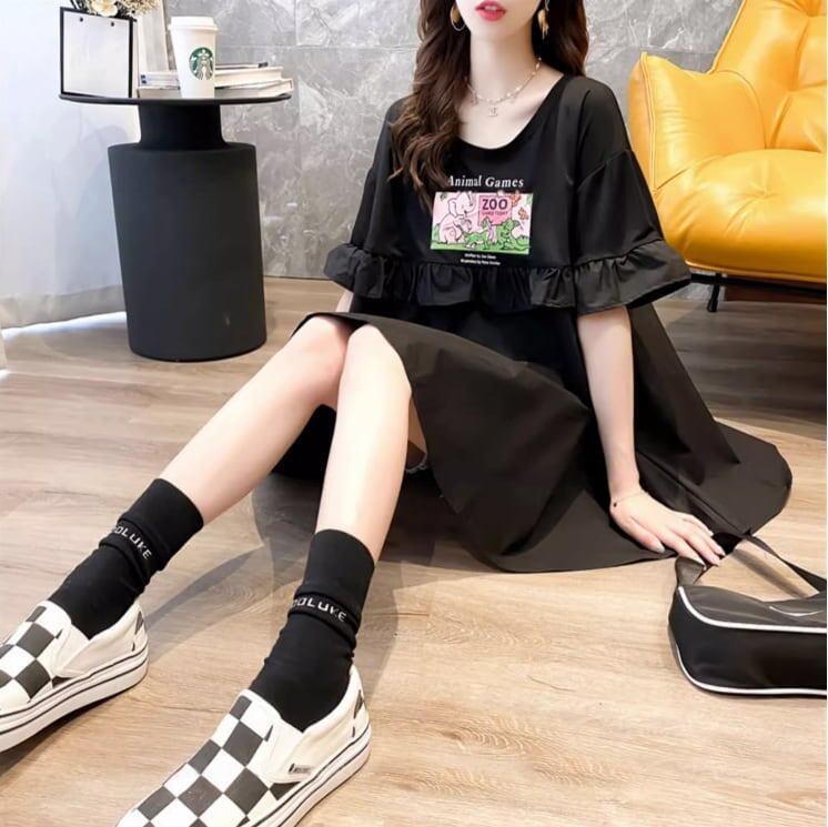 ミドル丈のイレギュラー半袖Tシャツワンピース<S-5007>