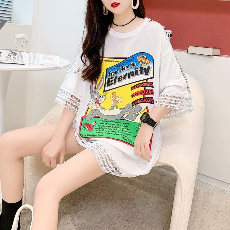 デザインセンス中空プリントTシャツルーズトップス<S-2877>