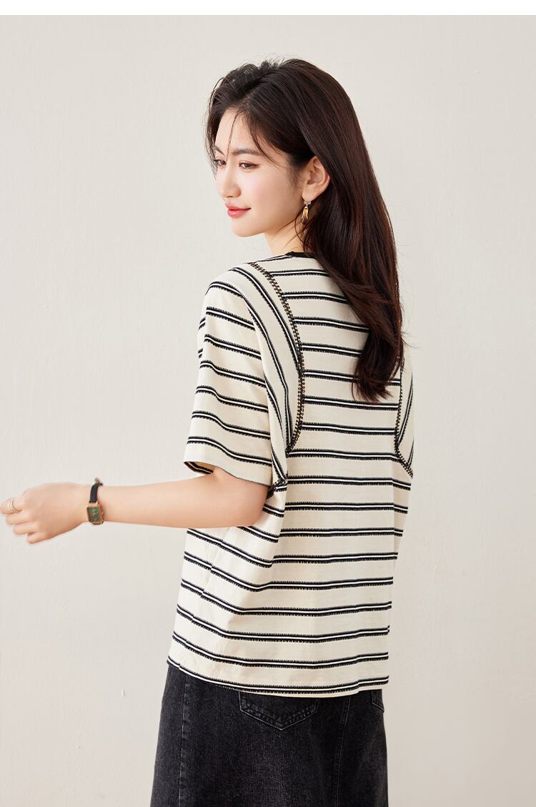 好感度UP ファッション カジュアル エレガント ストライプ柄 Tシャツ<S-8327>