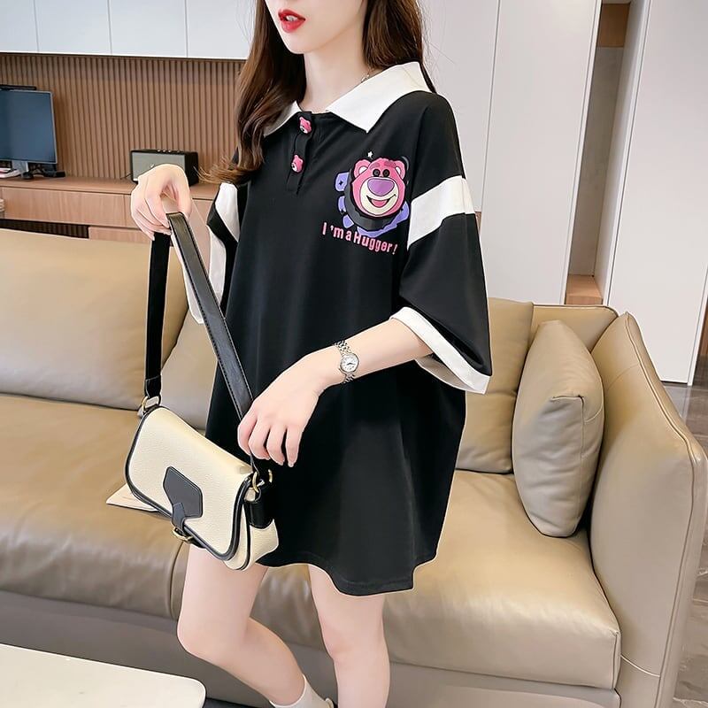 POLOネック 切り替え 熊柄 ロング プリント Tシャツ 二色 ゆったりワンピース ＜S-3020＞