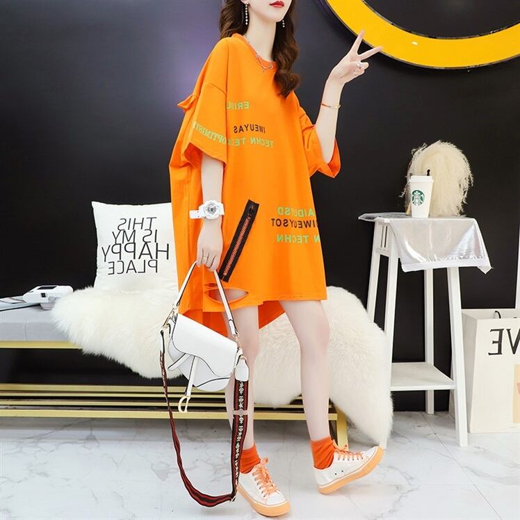 超人気 ダメージ加工 ゆったりロング丈 三色半袖Tシャツ＜S-8107＞