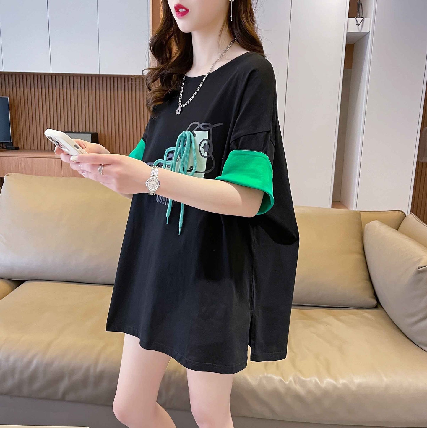 韓国系 プリント ラウンドネック ロング Tシャツ ゆったり半袖 ＜S-2988＞