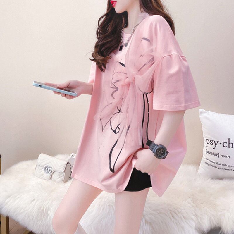美人度アップ リボン スウィート プリント全2色 半袖Tシャツ<S-8726>