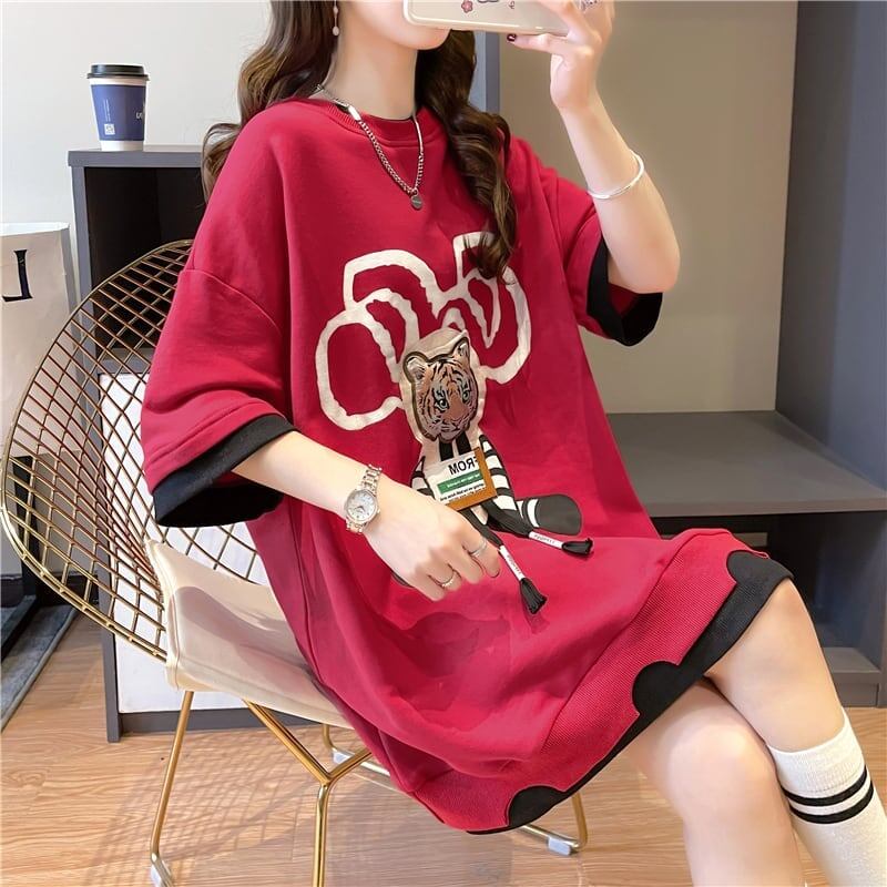 気質ルーズ漫画プリントミッドレングス半袖Tシャツ<S-3026>