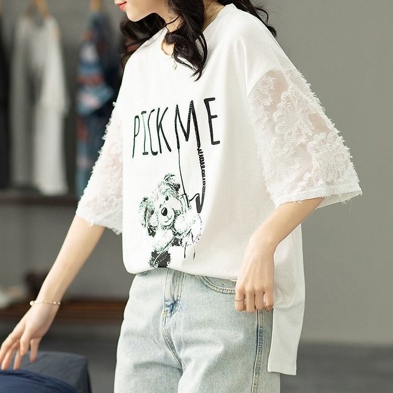 絶対欲しい レース エレガント 切り替え プリント 半袖Tシャツ＜S-8587＞