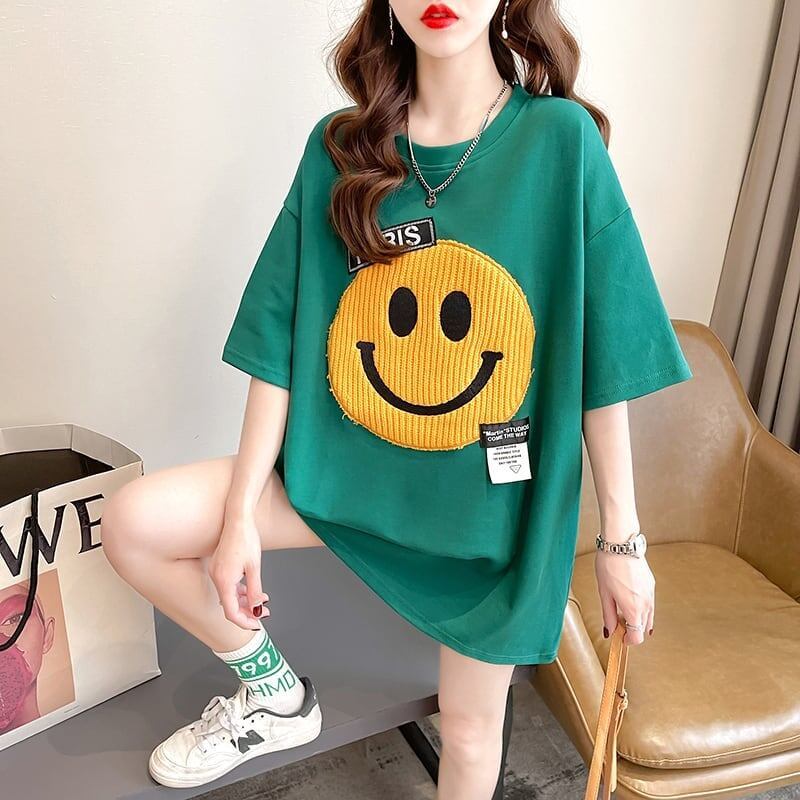 質感のいい ニコちゃん刺繍 スマイル ロング Tシャツ ゆったり半袖 ＜S-2947＞