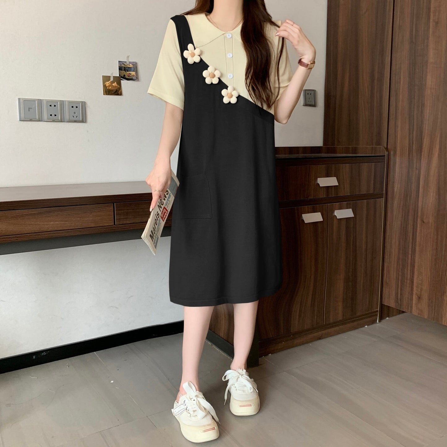 大人可愛い カジュアル 上質 切り替え レイヤード風 2色選択可 ワンピース<S-8888>