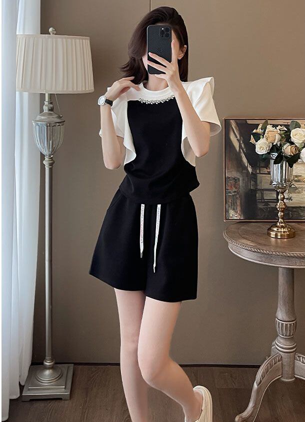 新商品 ホットダイヤモンド 絶対欲しい 切り替え 半袖 Tシャツ ショートパンツ セットアップ<S-8864>
