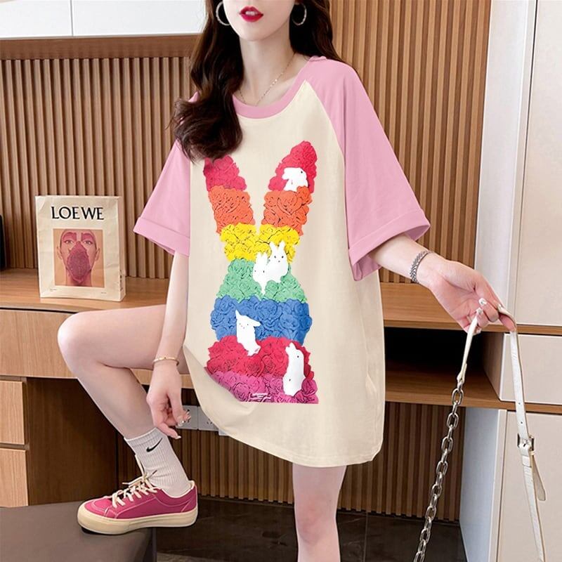 美人度アップ Tシャツ 可愛いウサギ 丸襟 半袖＜S-2824＞