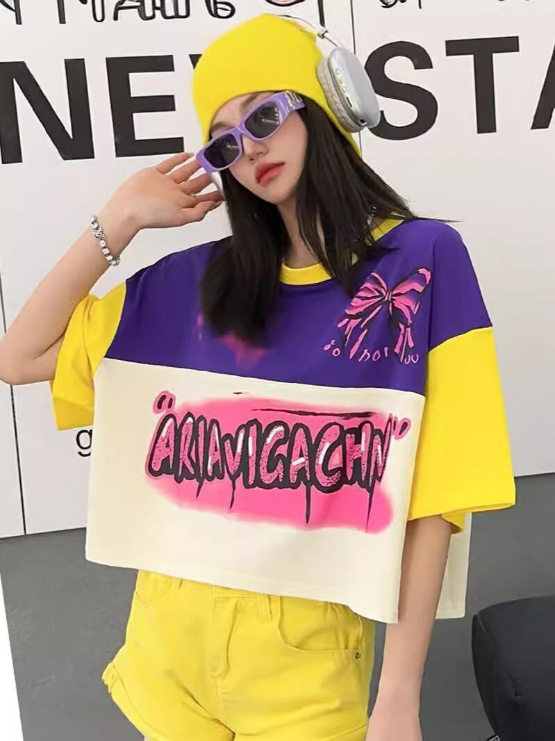 着回し力抜群 切り替え三色 韓国系 ゆったり半袖Tシャツ ＜S-8455＞