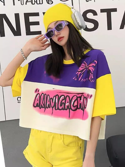 着回し力抜群 切り替え三色 韓国系 ゆったり半袖Tシャツ ＜S-8455＞