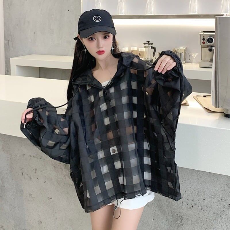 大人気 チェック柄 ゆったり 日焼け対策 UVカット 冷房対策 着?せ 長袖 フード付き シャツ ＜S-1910＞