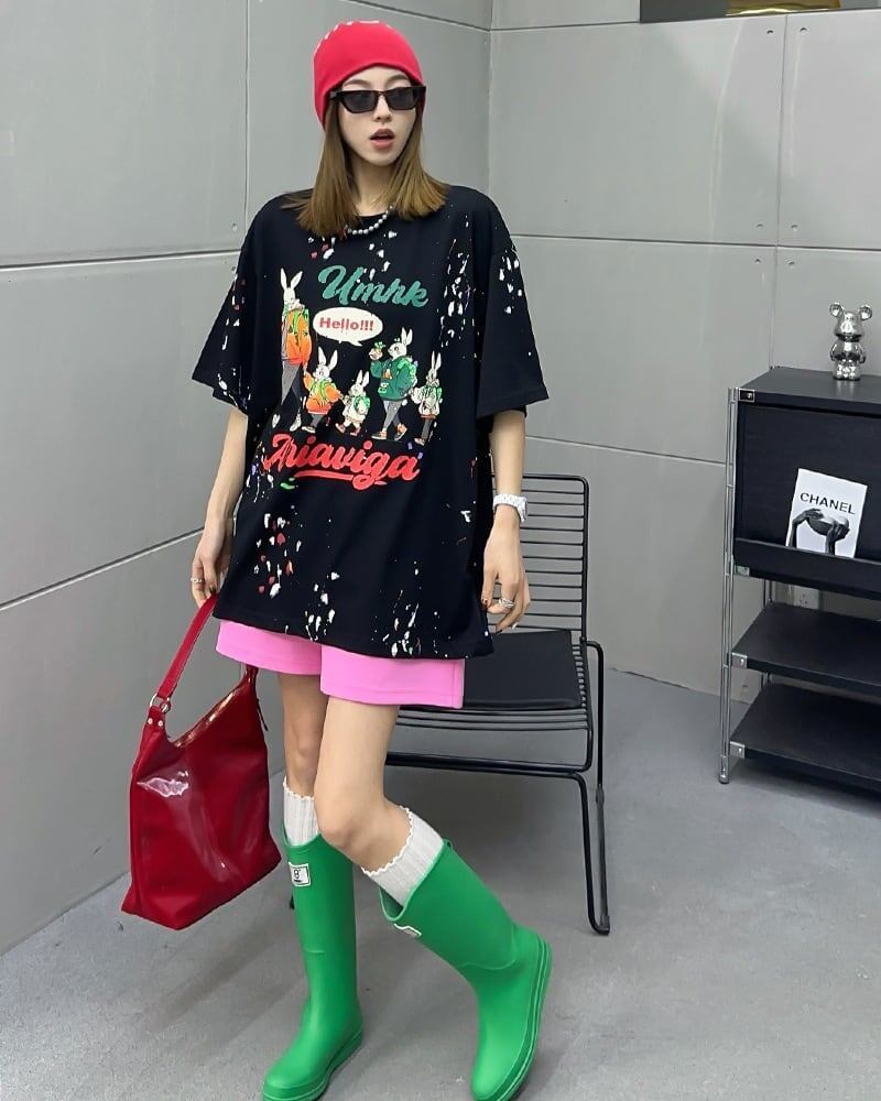 早い者勝ち キュート ファッション ルーズ 落書き風 プリント半袖Tシャツ 全3色<S-4913>