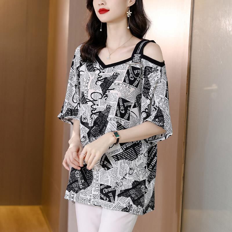 【半額！期間限定！！】絶対流行 特別デザイン 個性派 シフォン プリント 半袖Tシャツ＜S-8610＞