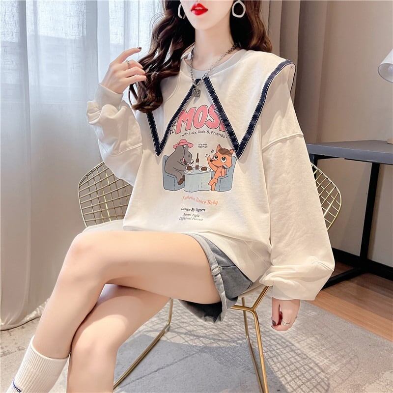 絶対欲しい グラフィックプリント セーラ服の襟 三色 長袖Tシャツトップス<S-4036>