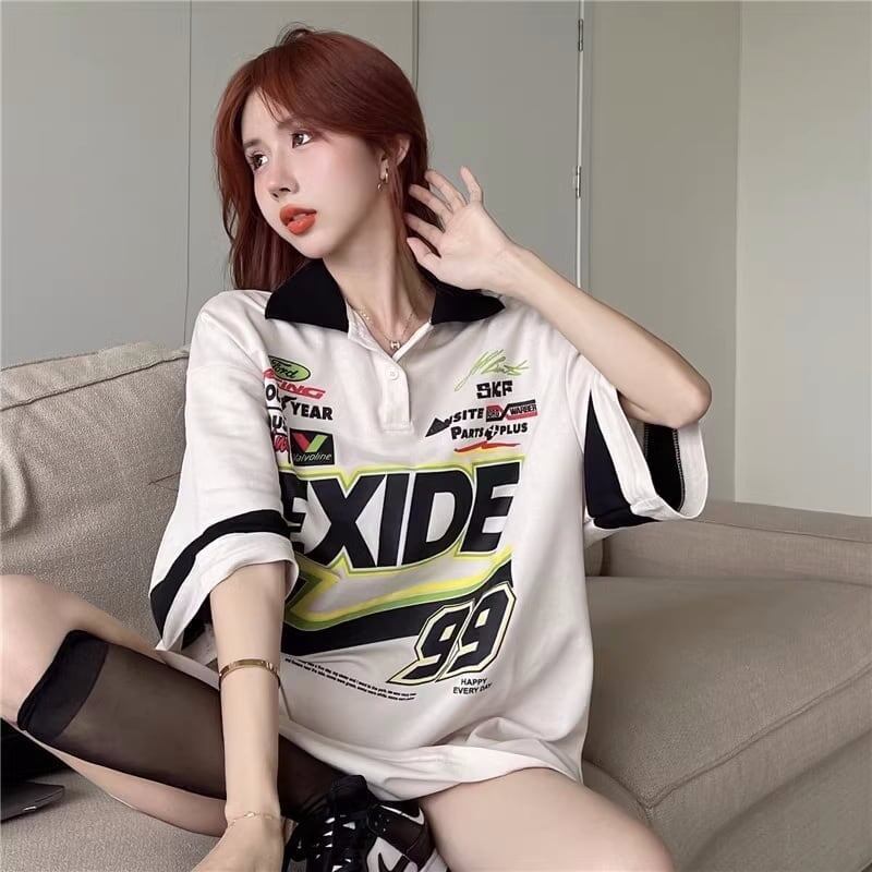 韓国系 オーバーサイズ POLOネック グラフィック ロング Tシャツ 三色 ゆったりワンピース＜S-4025＞