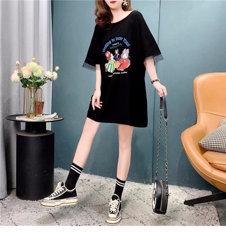 優しい雰囲気 立体のリボン バックオープン プリント ロングTシャツ ゆったり半袖＜S-2939＞
