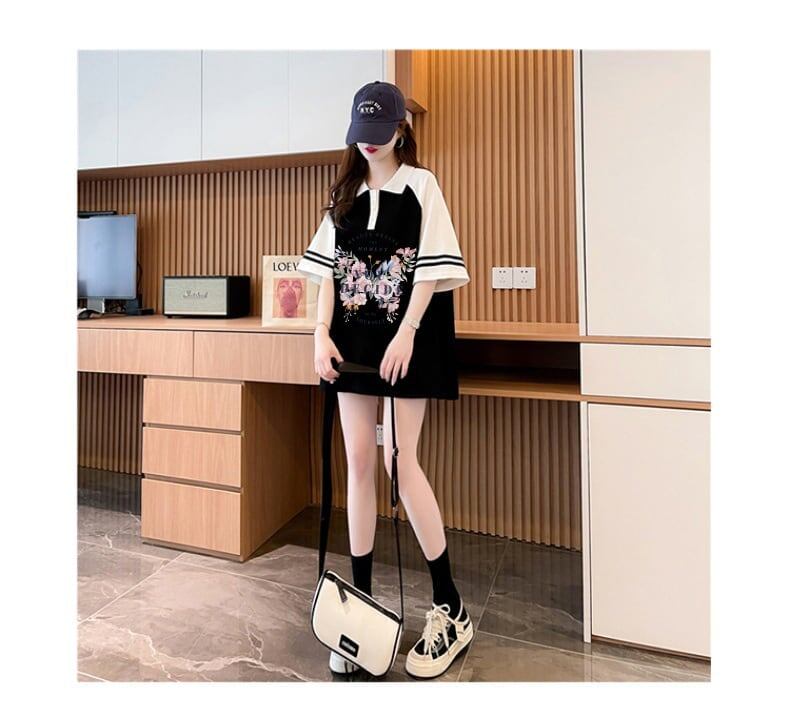 POLOネック プリント バタフライ ロング ラグランTシャツ ゆったりワンピース ＜S-3023＞