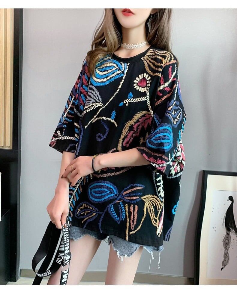 韓国系 ロング 刺繍 Tシャツ 三色 ゆったり半袖 ＜S-2847＞