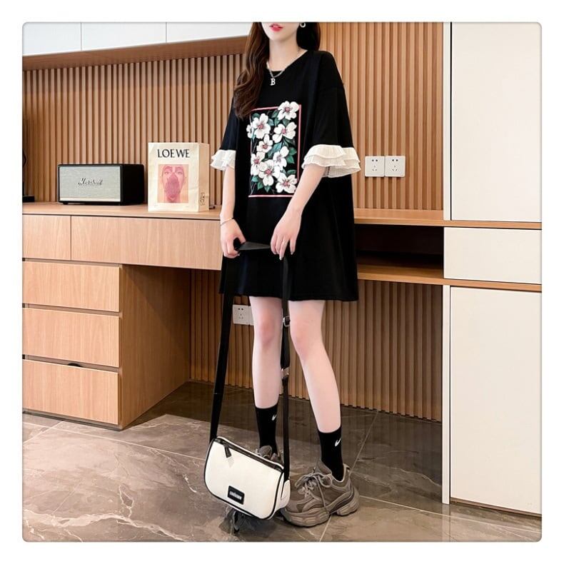 優しい雰囲気 プリント フリル切り替え ロングTシャツ ゆったり半袖＜S-2891＞