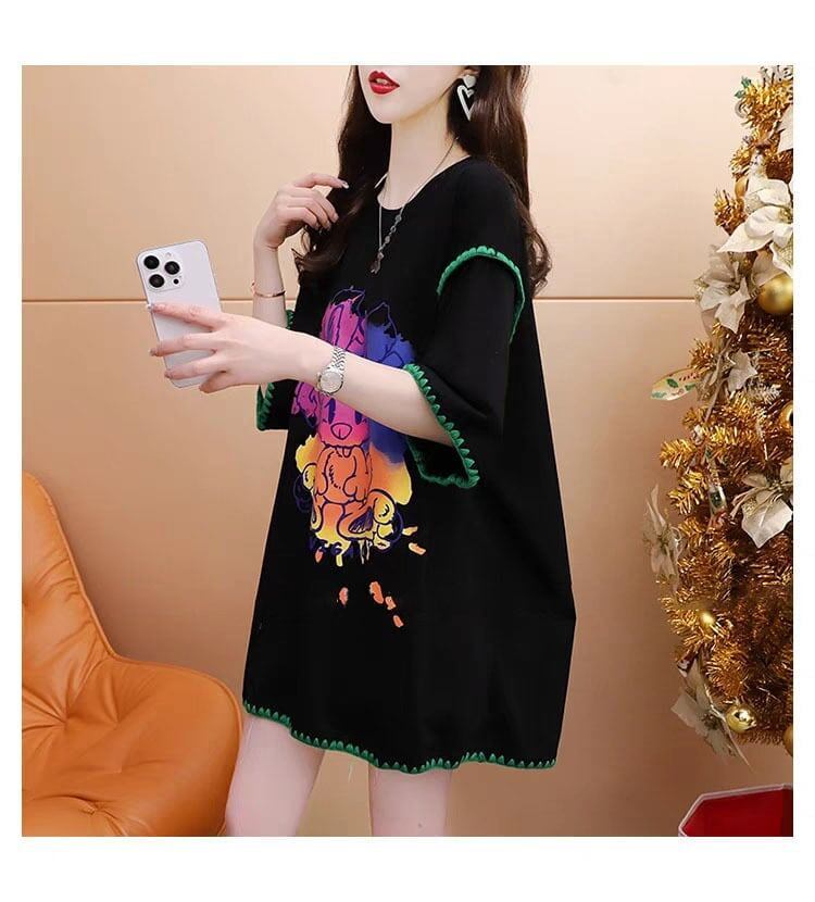 韓国系 ロング プリント Tシャツ 三色 ゆったり半袖 ＜S-2841＞