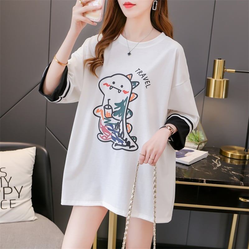 合わせやすい アルファベット ラウンドネック プリントTシャツ ゆったり ワンピース＜S-3992＞