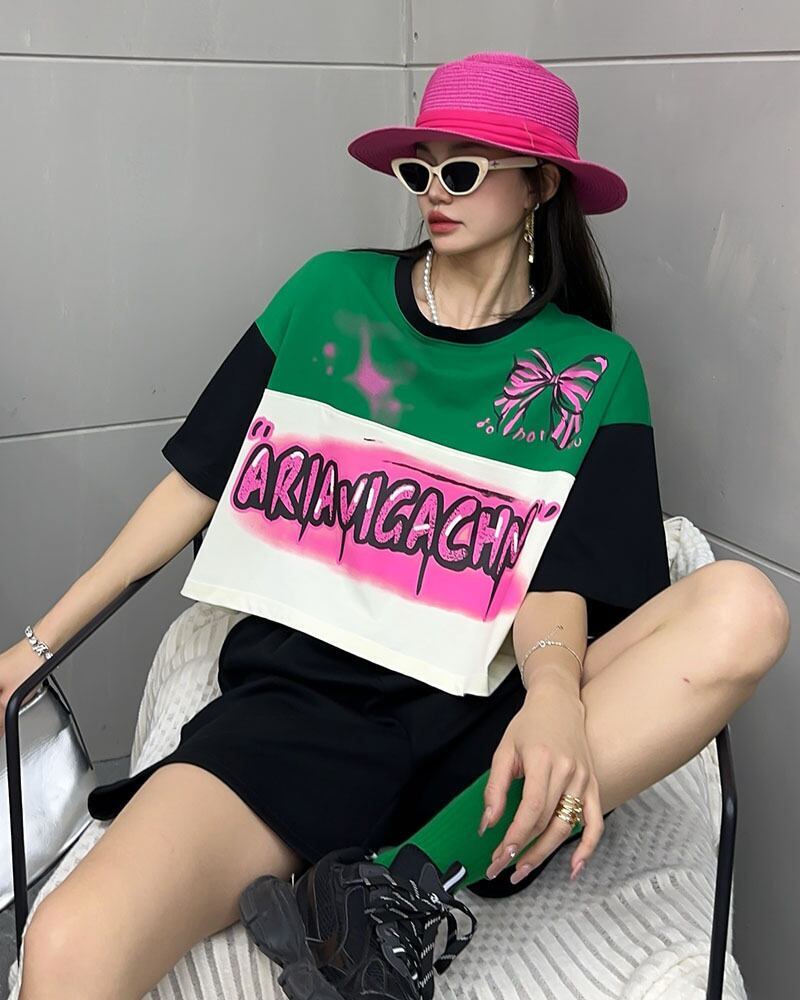 着回し力抜群 切り替え三色 韓国系 ゆったり半袖Tシャツ ＜S-8455＞