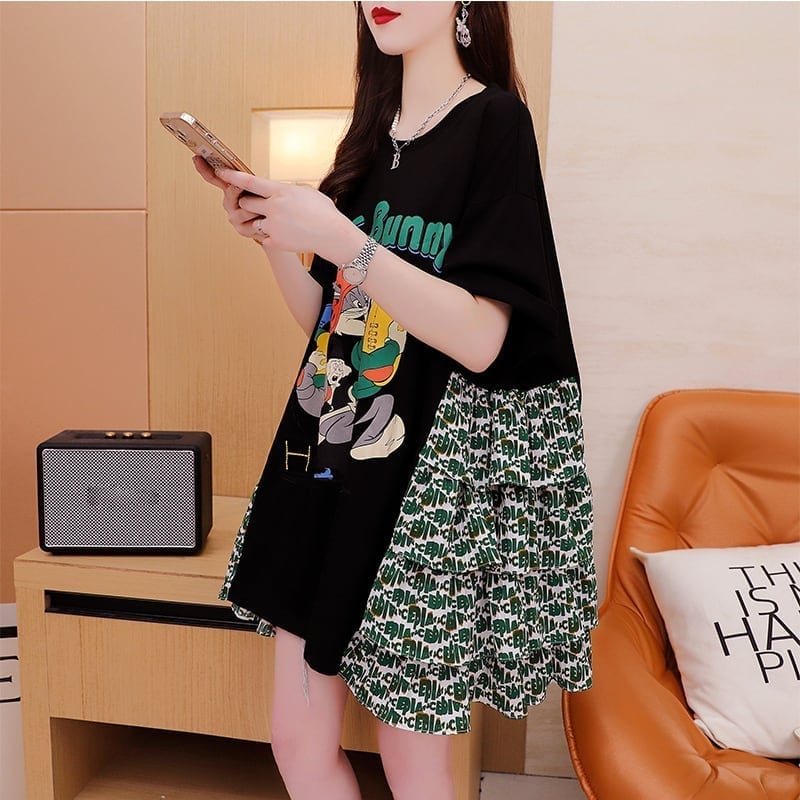 デザイン感 プリント チャーミング Tシャツ カットソー ワンピース＜S-3508＞
