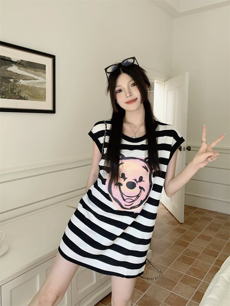 おしゃれ度アップ ノースリーブ ストライプ柄 ロング Tシャツ ゆったり ワンピース＜S-2977＞
