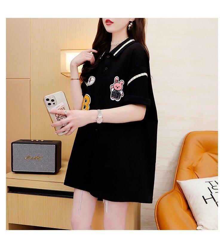 韓国系 ロング POLOネック Tシャツ 四色 ゆったり半袖 ＜S-2869＞