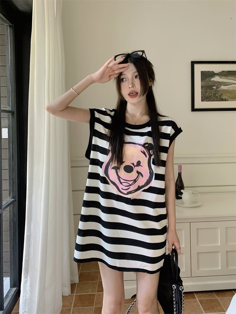 おしゃれ度アップ ノースリーブ ストライプ柄 ロング Tシャツ ゆったり ワンピース＜S-2977＞