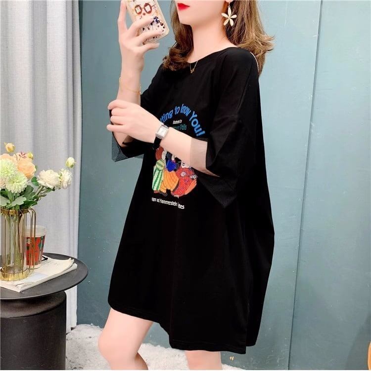 優しい雰囲気 立体のリボン バックオープン プリント ロングTシャツ ゆったり半袖＜S-2939＞