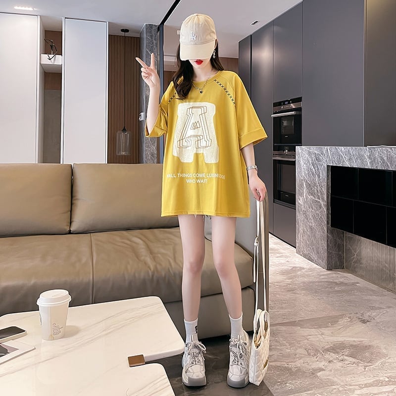 超人気商品 ロング アルファベット プリントTシャツ 三色 ゆったり半袖 ＜S-4019＞