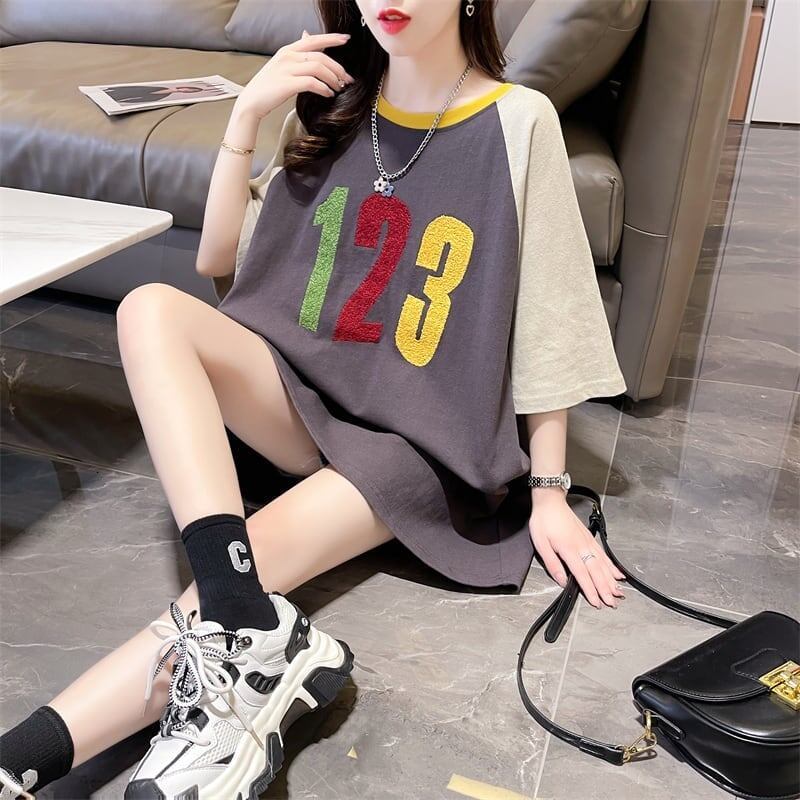 絶対欲しい カラーマッチング 数字刺 ロング Tシャツ ゆったり 半袖 ＜S-2896＞