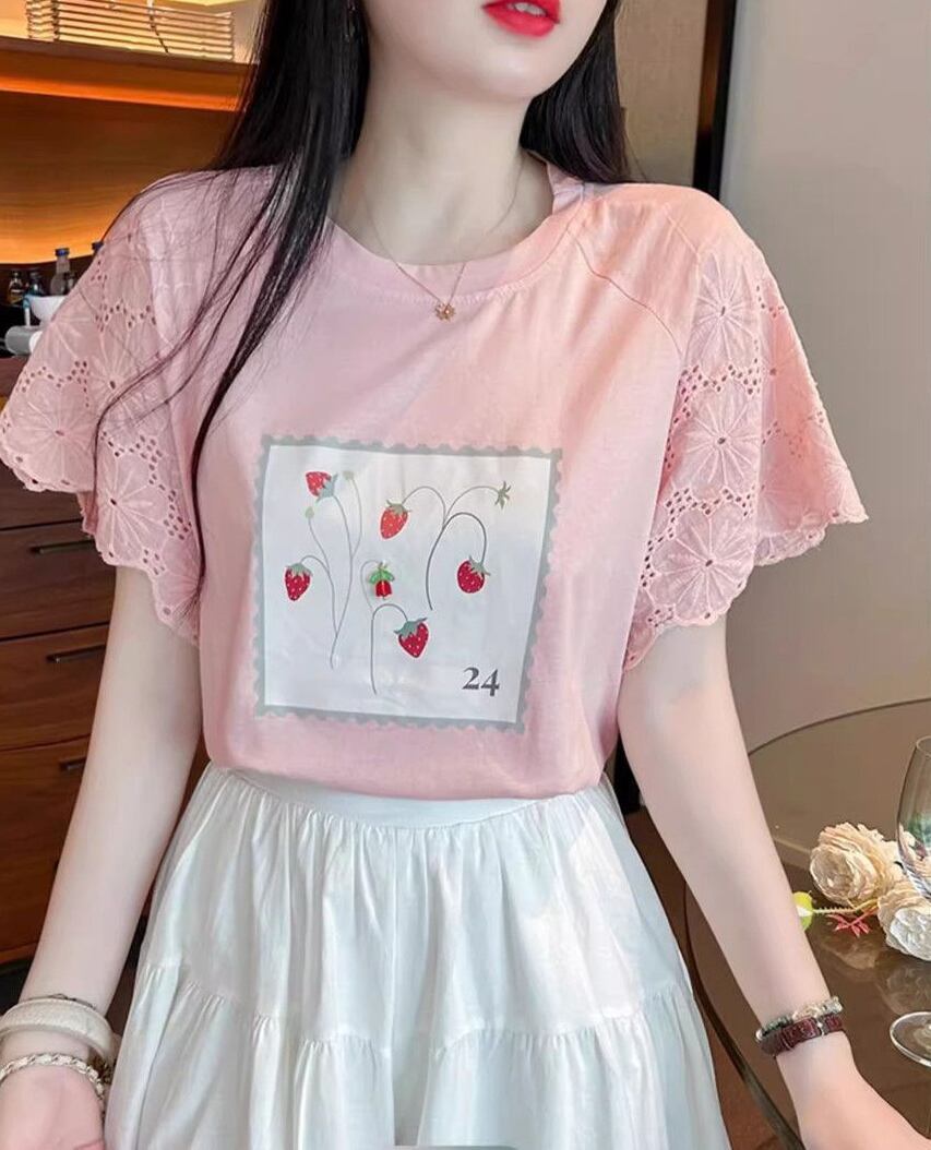 大好評 レース 上質 刺繍 切り替え 全2色 半袖Tシャツ＜S-8869＞