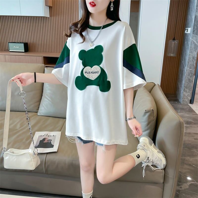 カジュアルルーズワッペン刺繍ステッチカラーブロック半袖Tシャツ<S-2870>