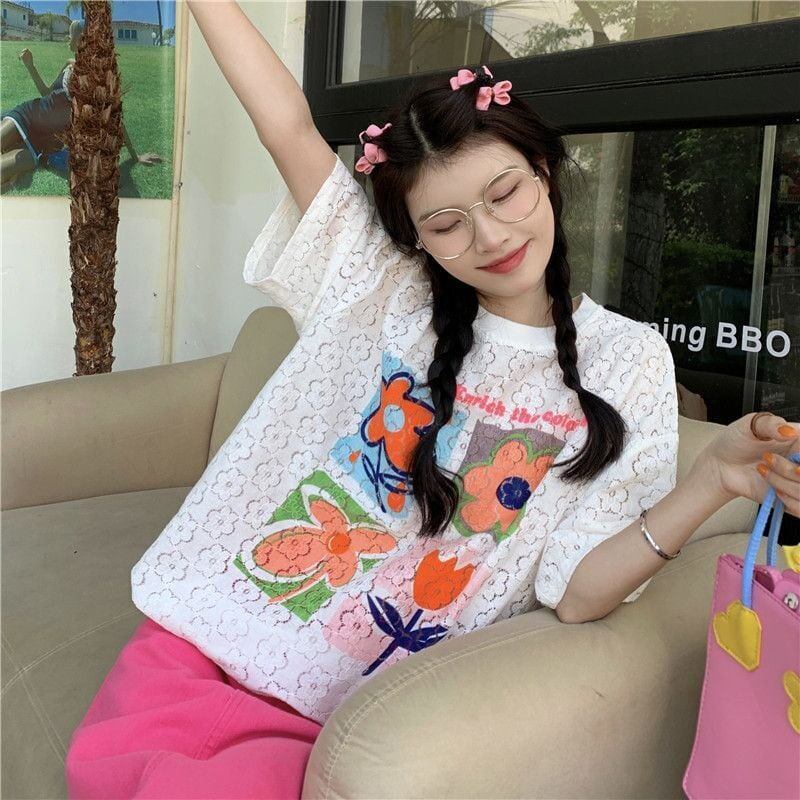 新作 プリント 透かし彫り ゆったり 半袖 Ｔシャツ <S-8089>
