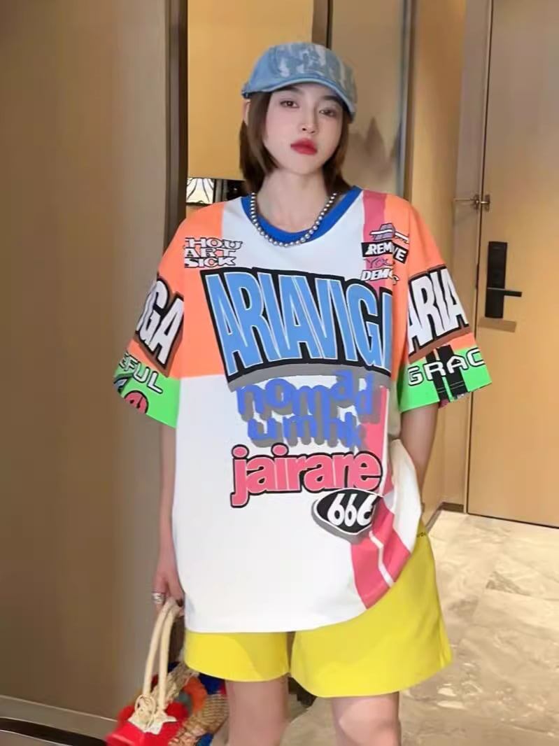 スタイルアップ効果抜群 レース アバンギャルド ダブルプリント全2色 半袖Tシャツ<S-8980>