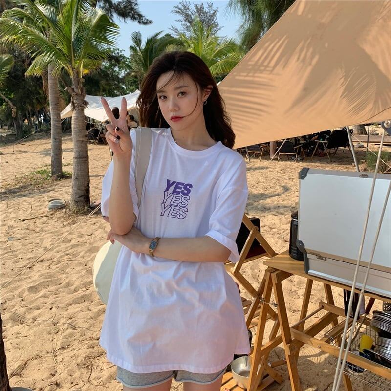 着心地良い プリント アルファベット ロング Tシャツ ゆったり半袖 ＜S-2851＞