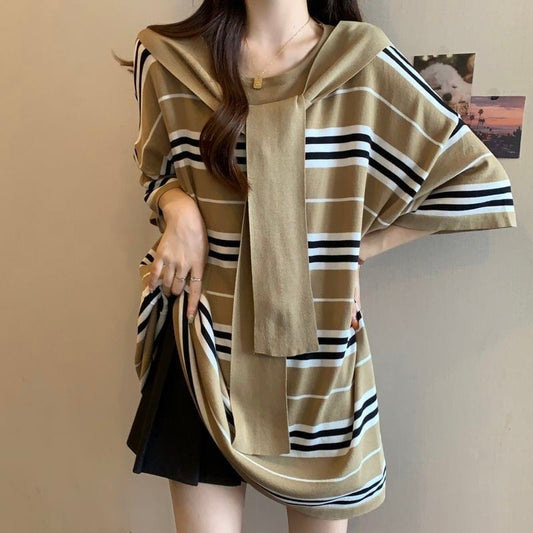 超人気 レイヤード風 カジュアル ストライプ柄 ゆったり 半袖 Tシャツ＜S-8797＞