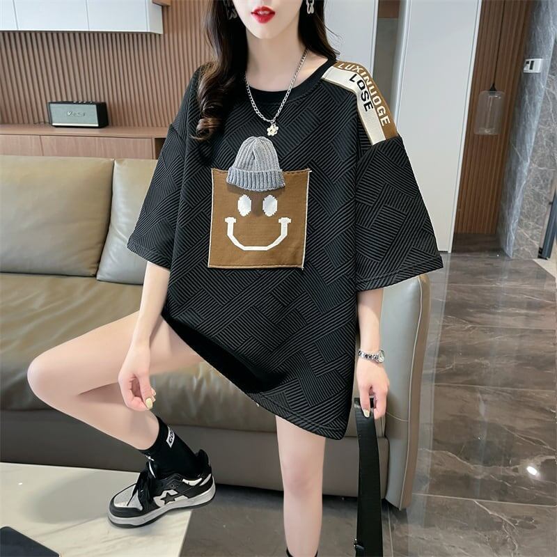 エレガントな立体ジャガードルーズウールパッチステッチ半袖Tシャツ<S-2901>