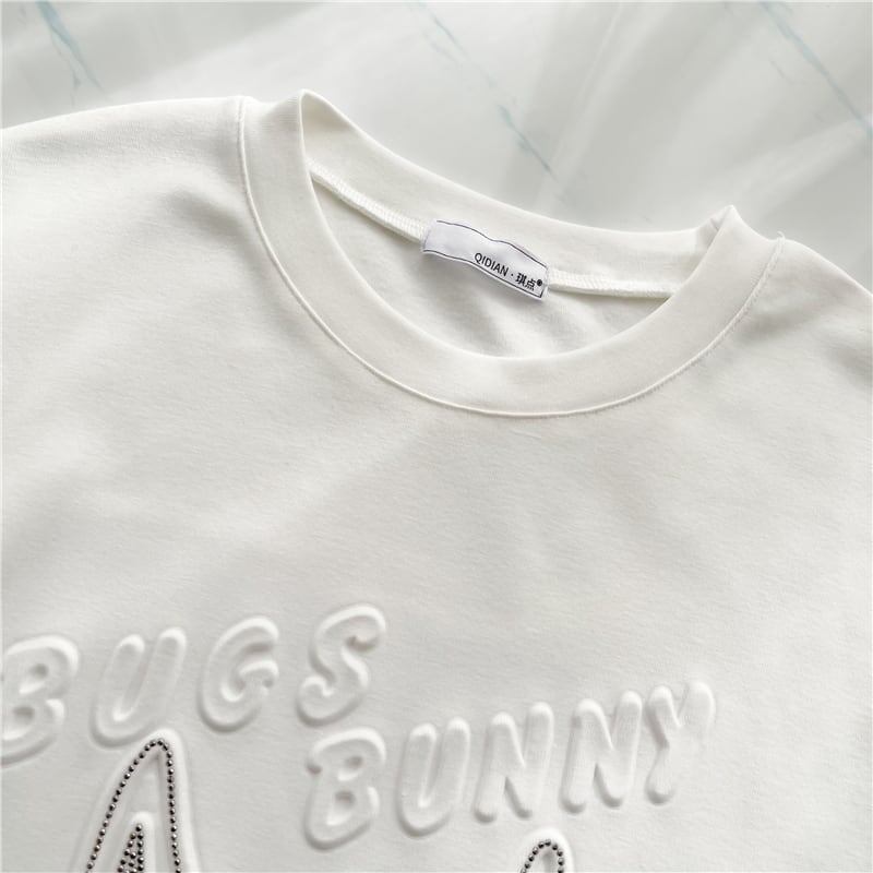 美人度アップ ウサギ ビジュー ロング Tシャツ 三色 ゆったり半袖＜S-2945＞