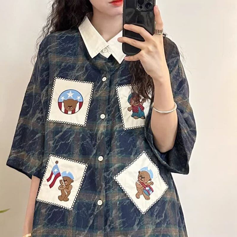大活躍 刺繍 特別デザイン チェック柄 2色選択 半袖シャツ＜S-8881＞