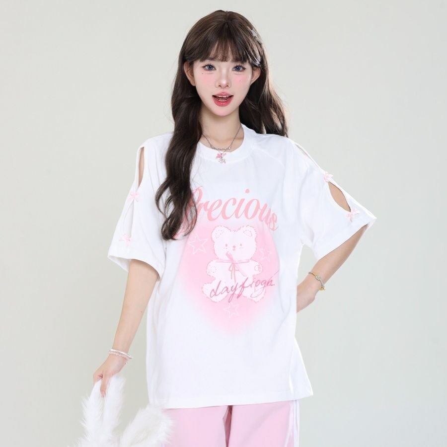 着回し力抜群 レース スウィートプリント 全2色 半袖Tシャツ ＜S-8711＞