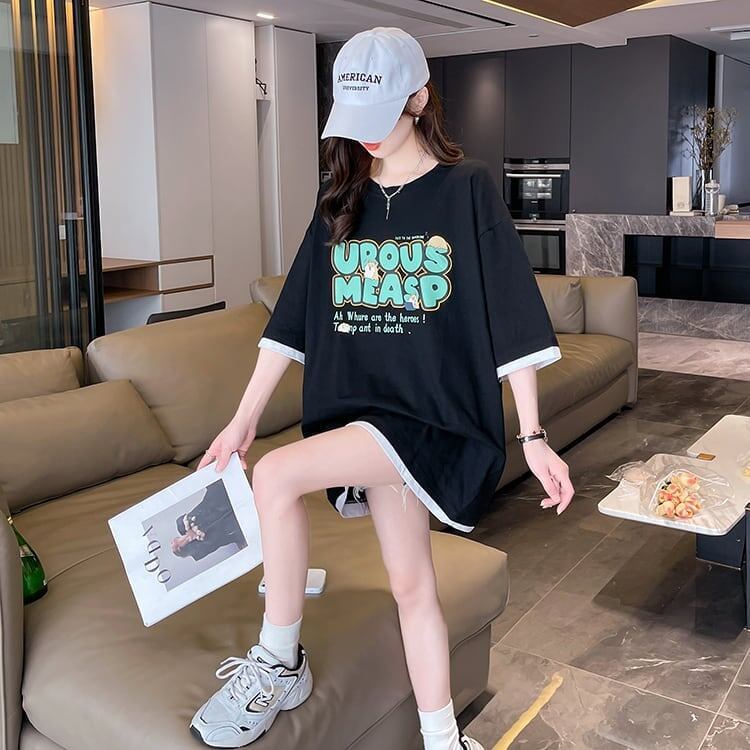 新作 プリントTシャツ ロング アルファベット オーバーサイズ＜S-2808＞