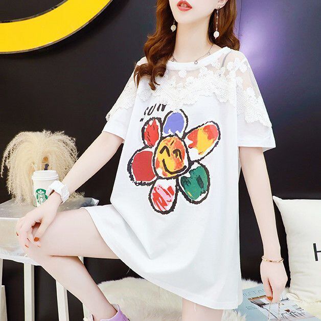 大人可愛い 切り替え レース 透かし彫り プリント全2色 半袖Tシャツ カットソー ＜S-8560＞